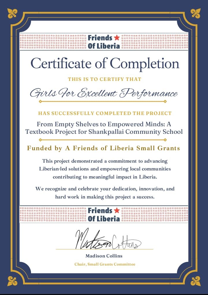 Girls for Excellent Performance Receives Recognition from Friends of Liberia